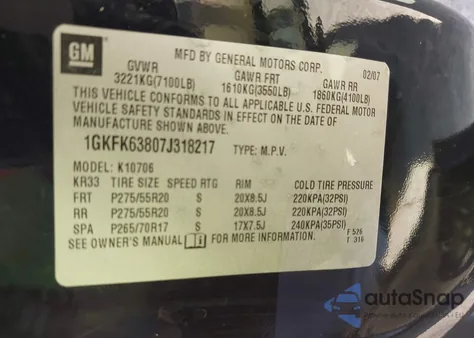 2007 GMC Yukon Denali z USA, uszkodzony, nr VIN 1GKFK63807J318217